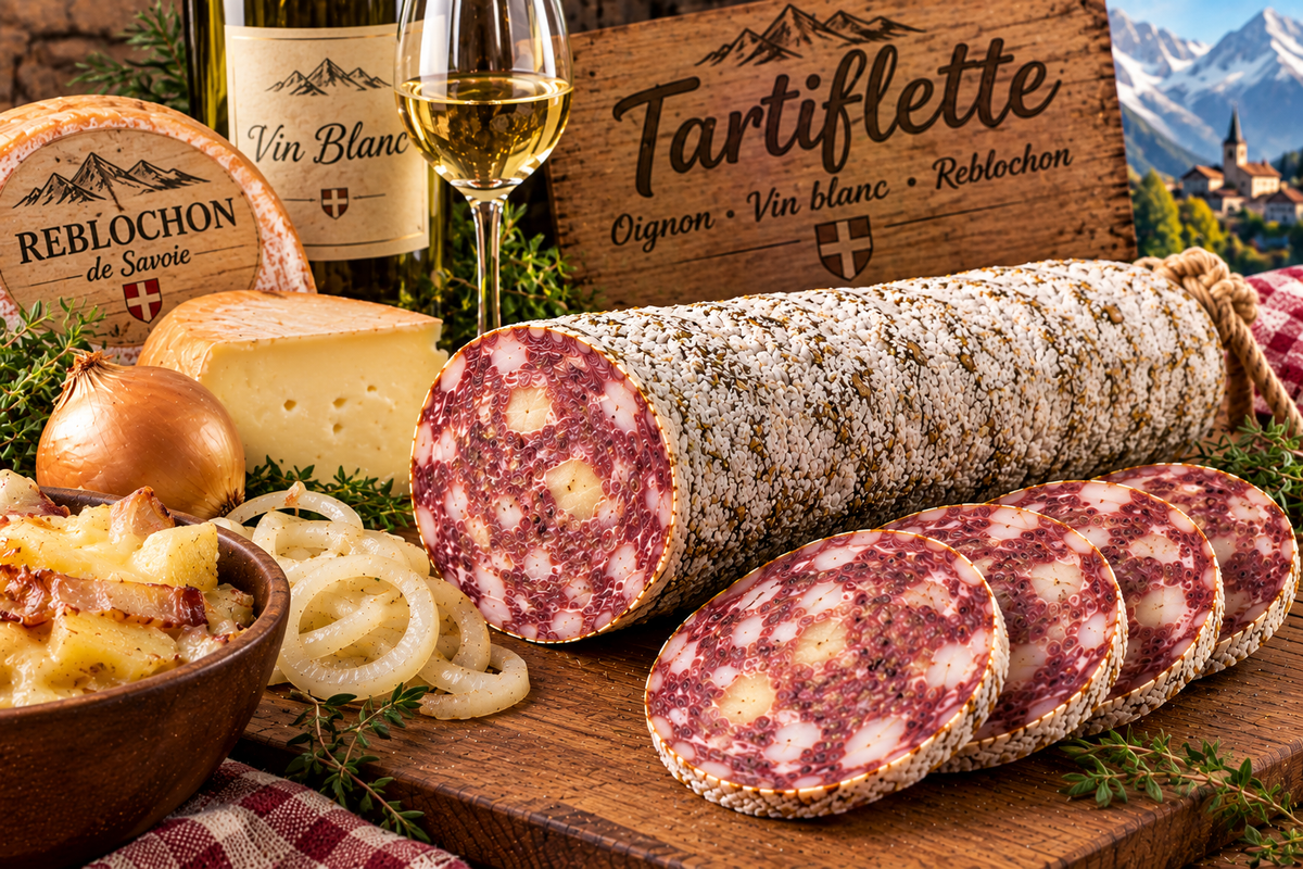 saucisson à la tartiflette (oignon, vin blanc, reblochon)